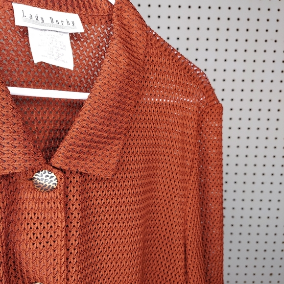 Y2K Vtg Mesh Shirt 24W Button Collar Short Sleeve Sheer Rust Orange Top - Picture 5 of 5